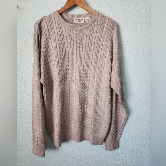 Neiman Marcus Sil Grey Tan Crewneck Sweater Cable Knit - Picture 1 of 7